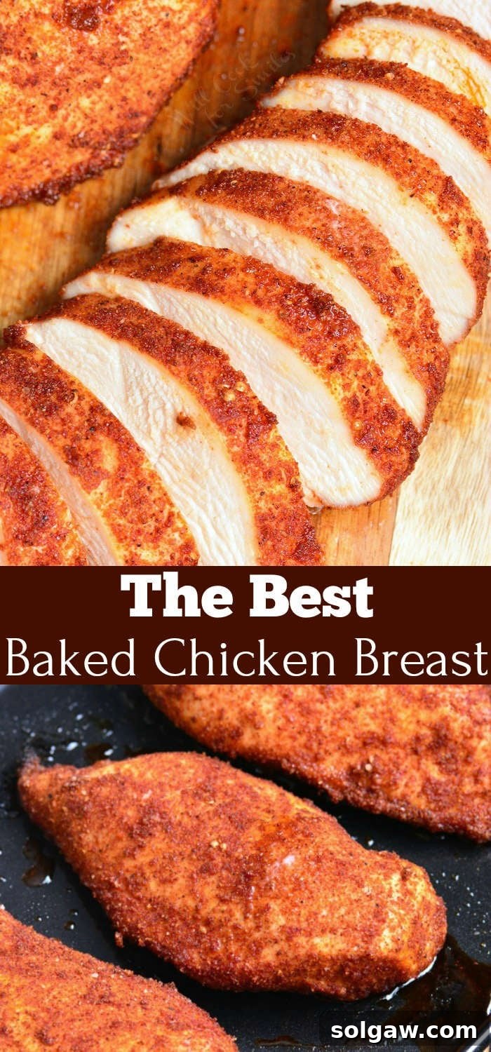 collage top Baked Chicken sliced on cutting board bottom chicken on baking dish