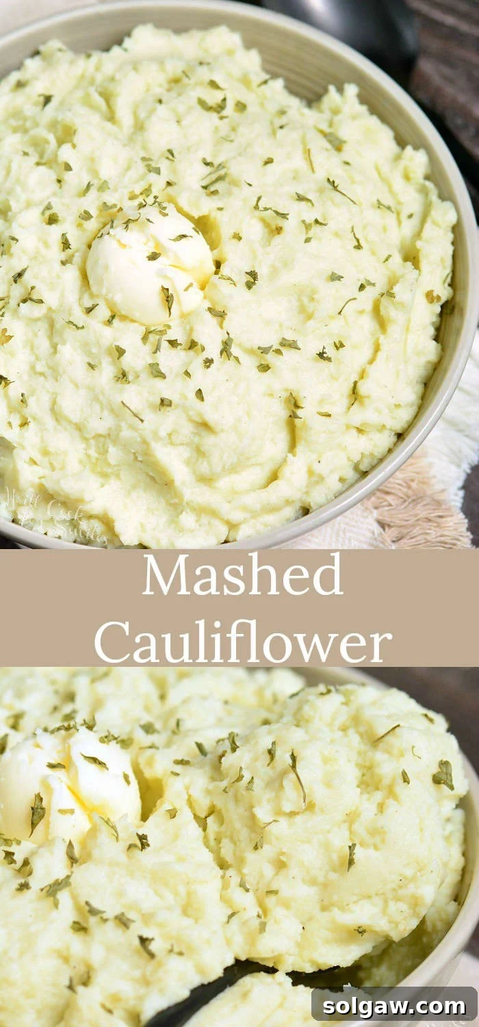 collage both pictures are of Mashed Cauliflower in a serving bowl with butter and herbs 