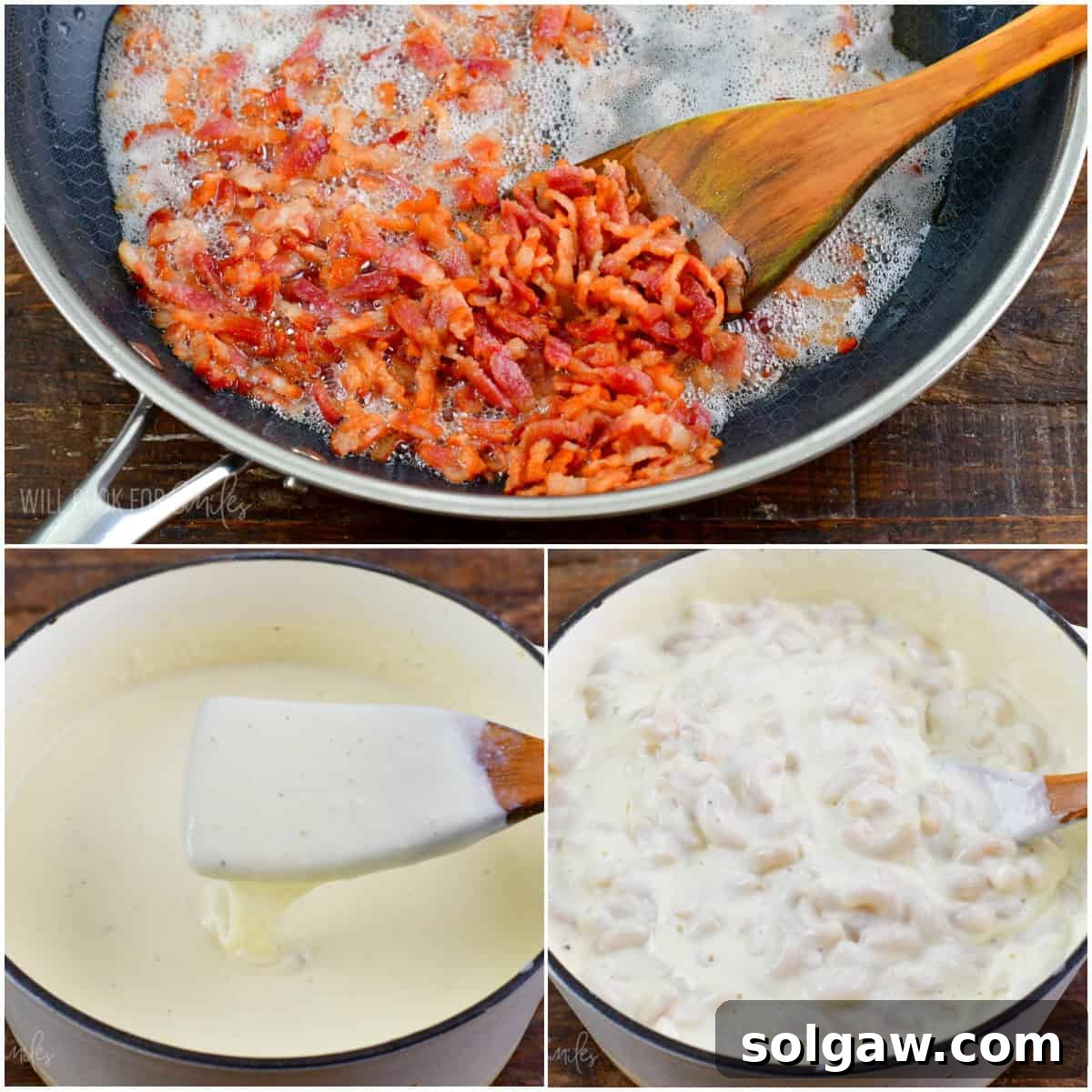 collage of three images of cooking bacon bits and cheese sauce.