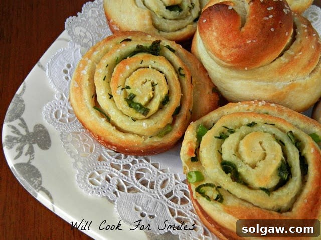 Close-up of baked Chive Garlic and Herb Rolls