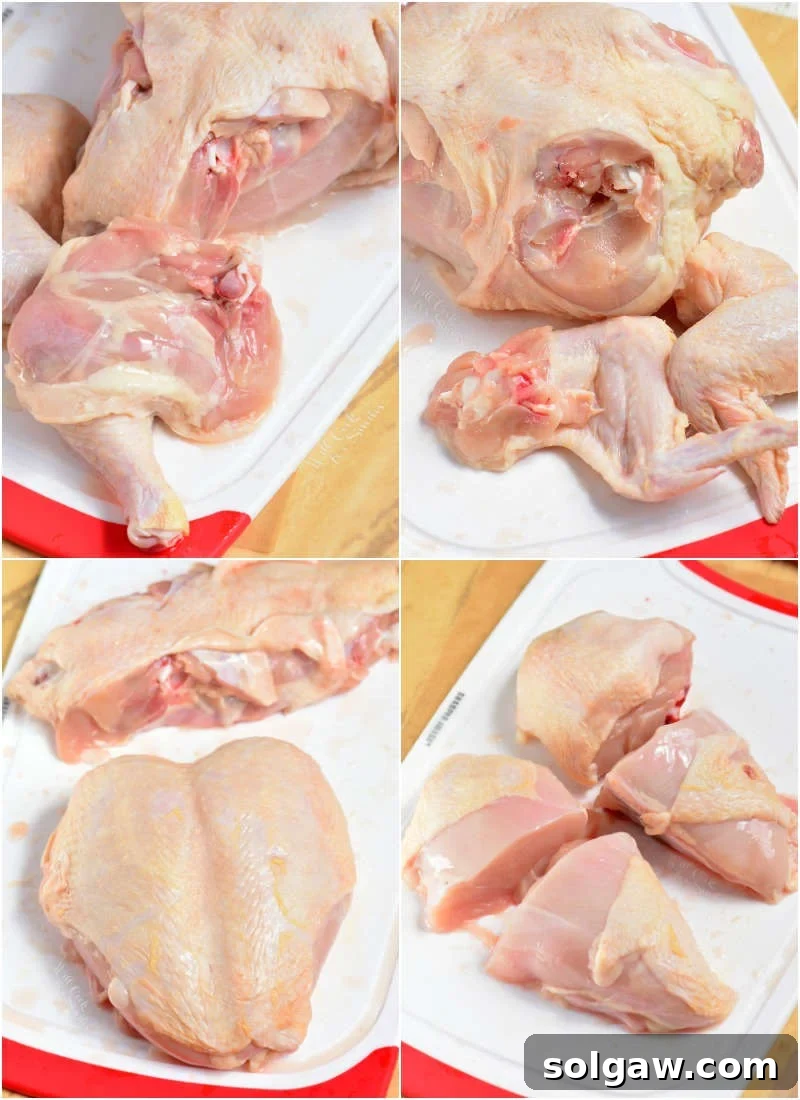 Savory Garlic Chicken 3 A step-by-step visual guide demonstrating how to effectively break down a whole chicken into its individual parts, highlighting key cuts.