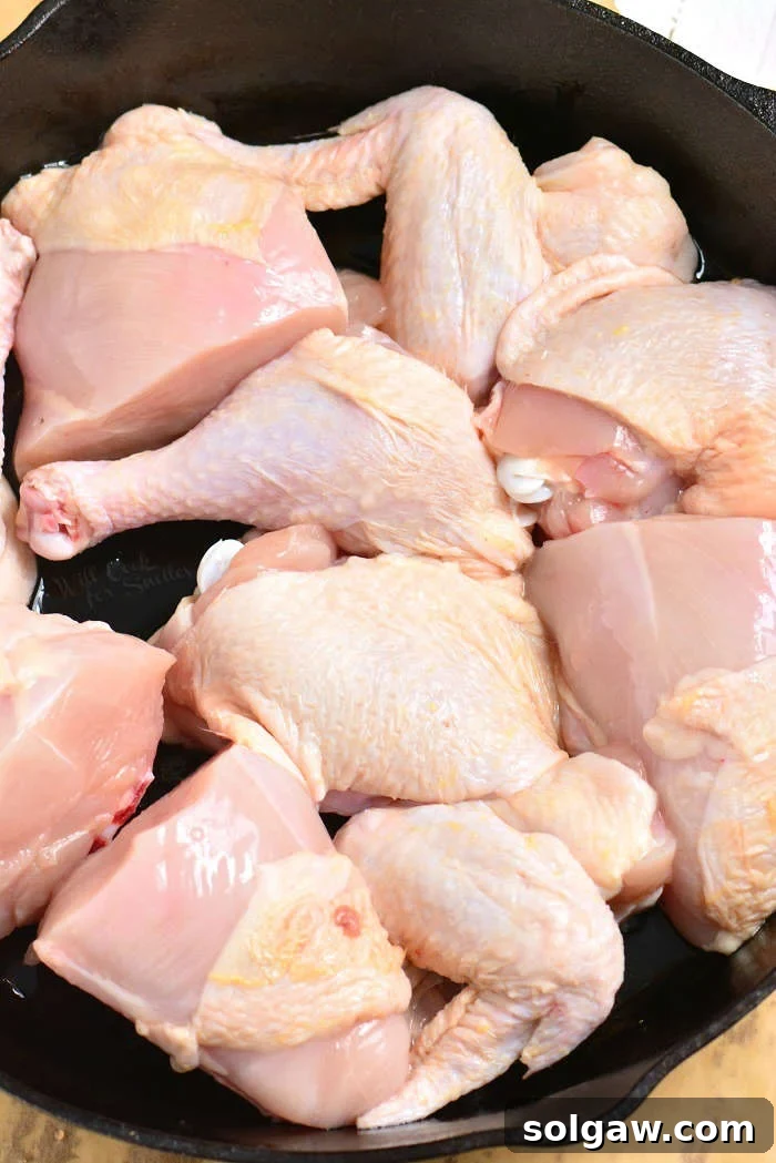 Savory Garlic Chicken 4 A perfectly butchered whole chicken, neatly arranged into 10 pieces: drumsticks, thighs, breast quarters, and wings, ready for cooking.