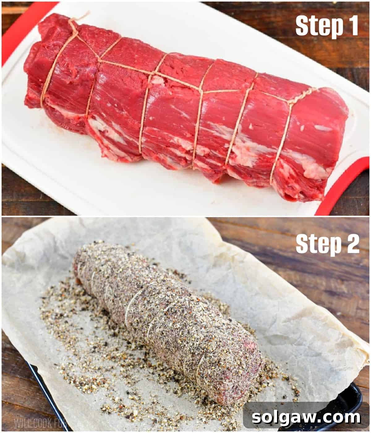 collage of two images of tied beef tenderloin center cut and coated in seasoning.