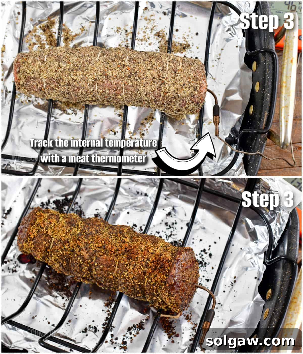 collage of seasoned and tied beef tenderloin in the roasting pan before and after cooking.