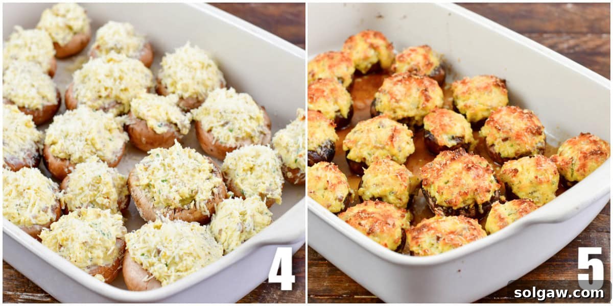 Decadent Mushroom Caps 5 Collage showing stuffed mushrooms before and after baking, topped with Parmesan cheese.