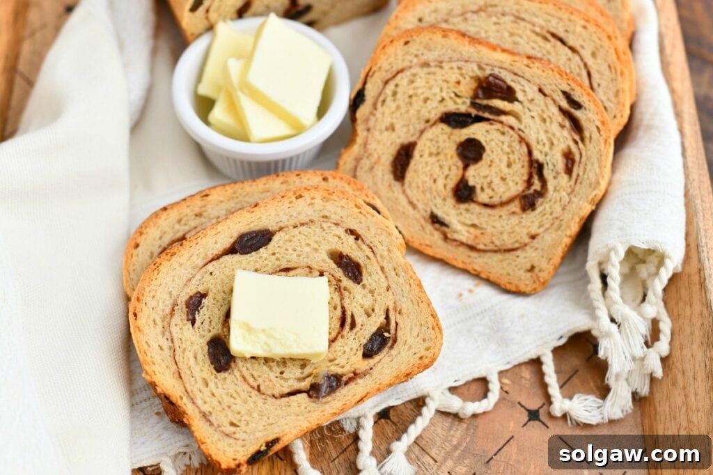 homemade slices of cinnamon swirl raisin bread