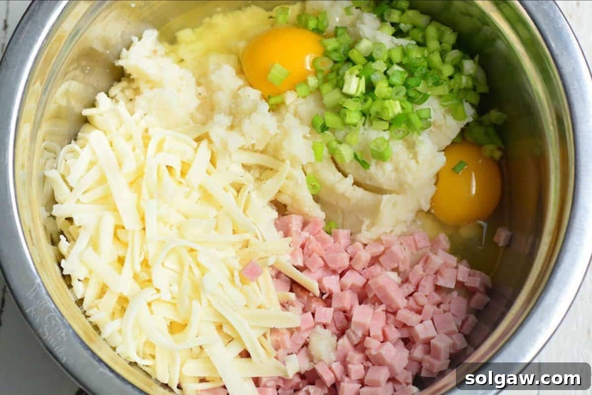 Savory Ham and Cheese Potato Patties 3 ingredient to make ham and cheese mashed potato cakes in a bowl.