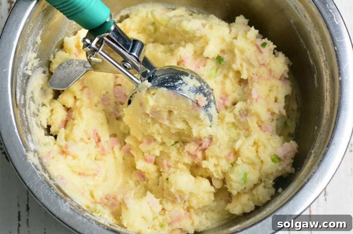 Savory Ham and Cheese Potato Patties 4 mixture for ham and cheese mashed potato cakes in the mixing bowl with a scoop.