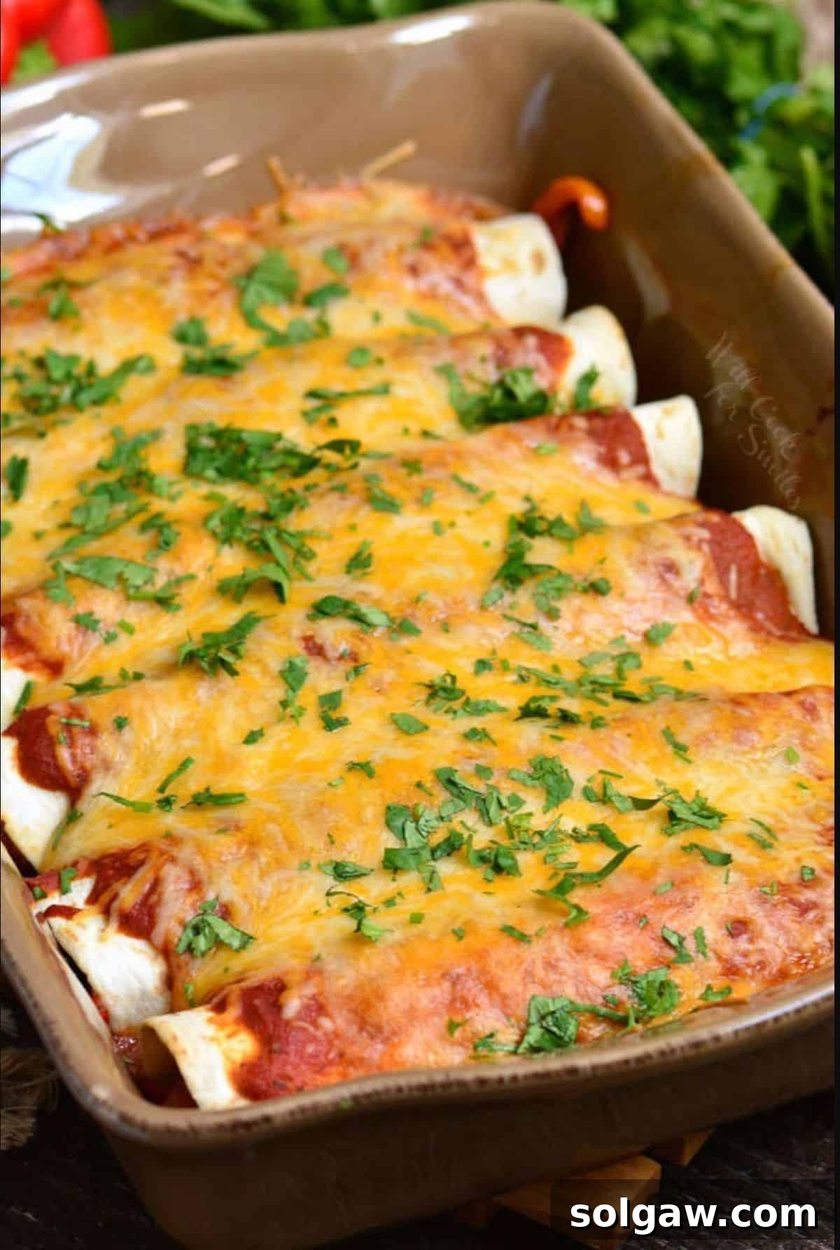 Savory baked beef enchiladas garnished with fresh cilantro in a rustic brown baking dish. This Mexican comfort food features ground beef, homemade sauce, and melted cheese, making it a perfect easy dinner recipe.