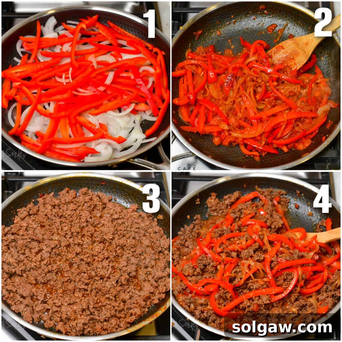 A four-panel collage demonstrating the preparation of beef enchilada filling, including chopping vegetables, sautéing onions and peppers, and browning seasoned ground beef in a skillet.