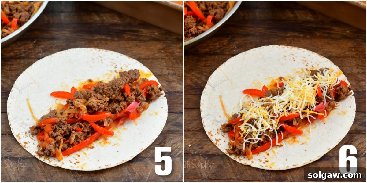 A two-panel collage showing the assembly process of beef enchiladas: filling flour tortillas with the seasoned beef mixture and then topping with shredded Mexican cheese before rolling.