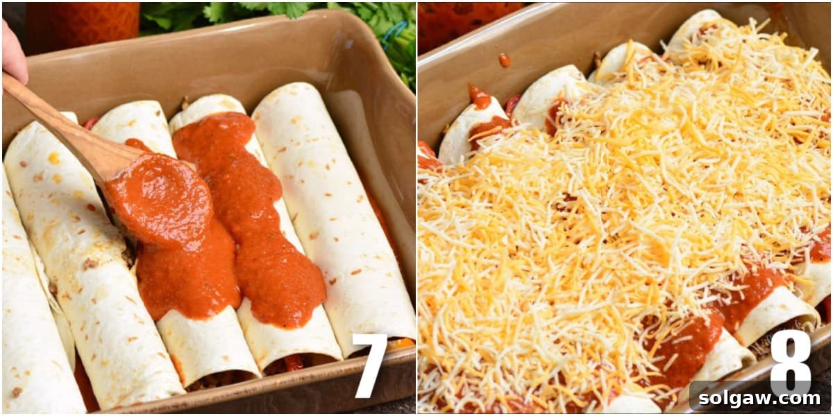 A two-panel collage illustrating the final steps of assembling beef enchiladas: pouring red enchilada sauce over rolled tortillas and generously adding shredded cheese before baking to perfection.