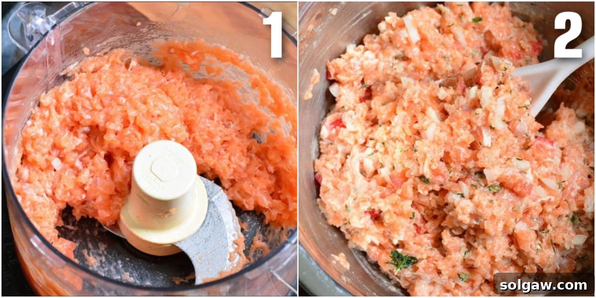 collage of two images of raw salmon in a blender and ingredients mixed in a bowl.