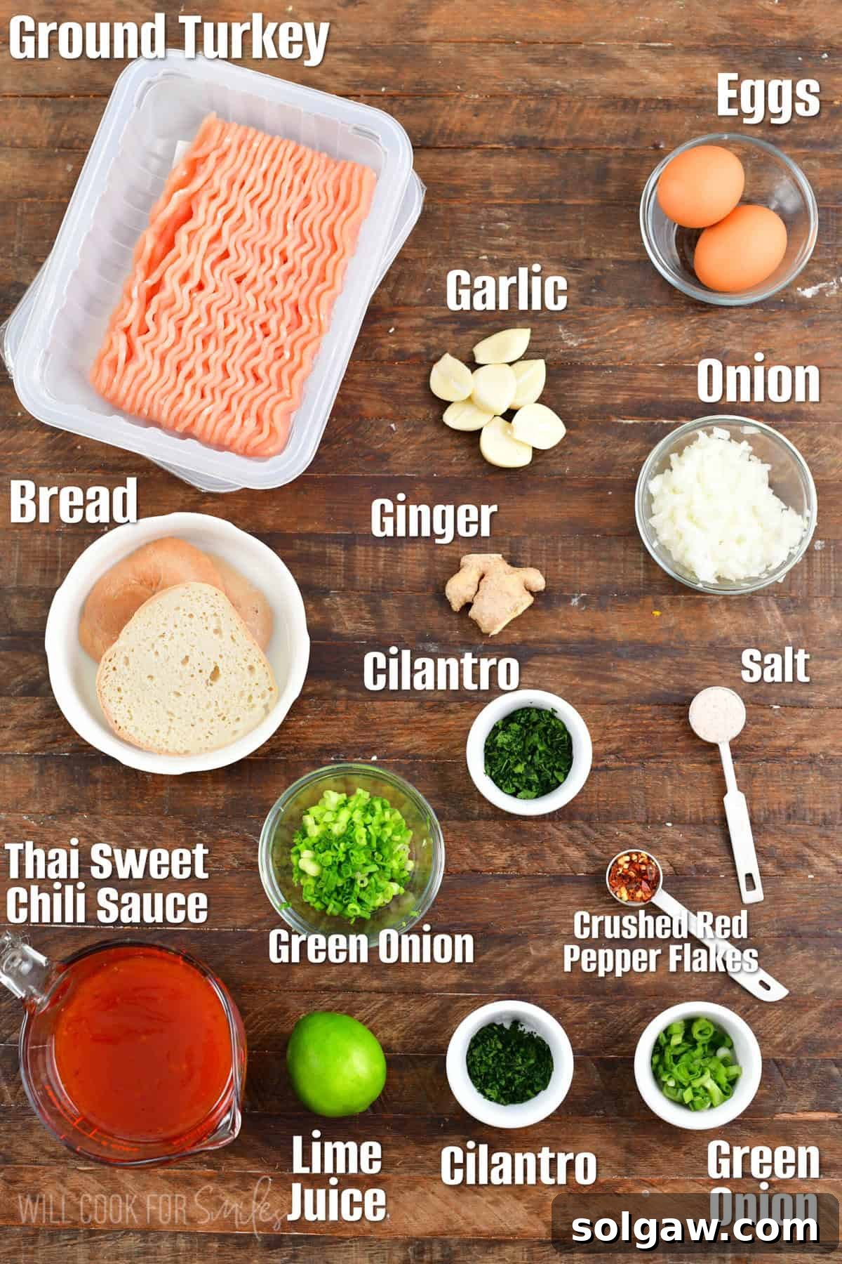Sweet Chili Glazed Turkey Meatballs 3 labeled ingredients for Thai Sweet Chili meatballs on a wood surface,