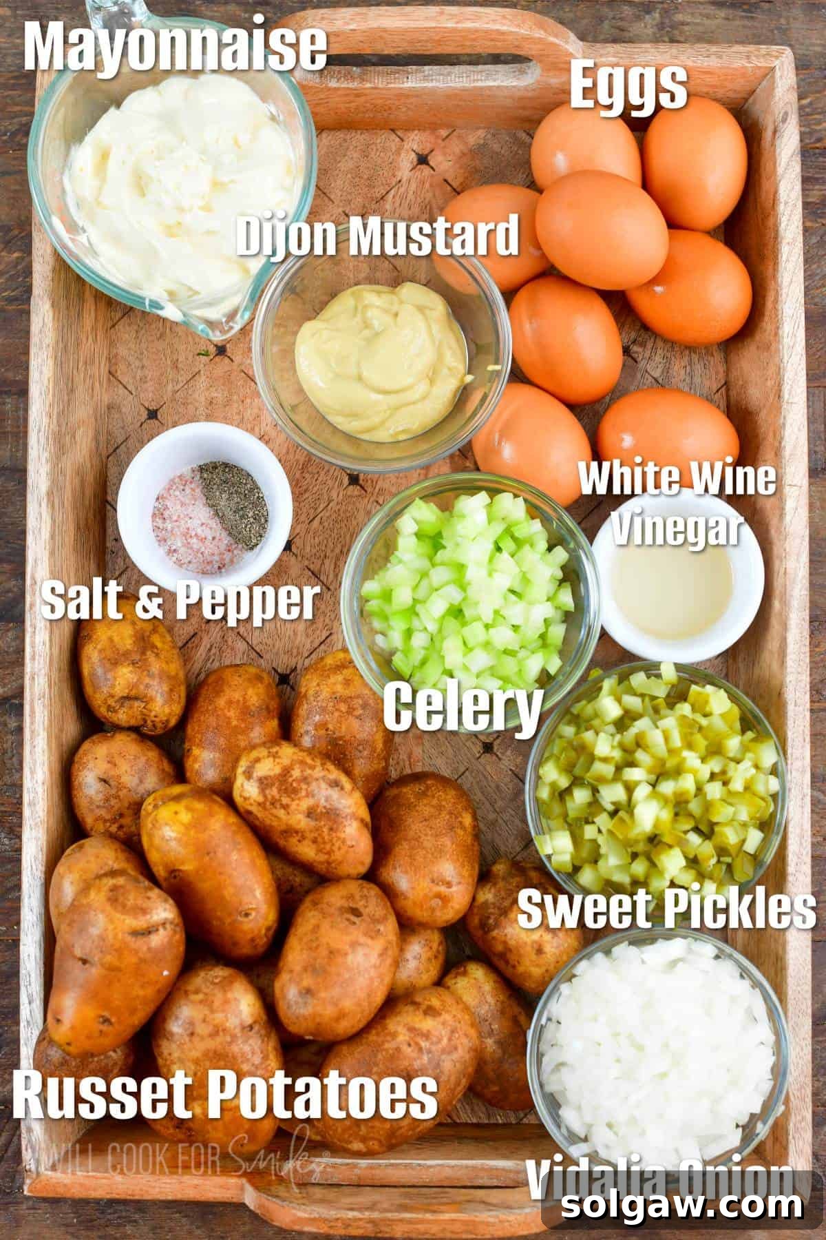 Homestyle Southern Potato Salad 3 labeled ingredients for southern potato salad on a wooden tray.