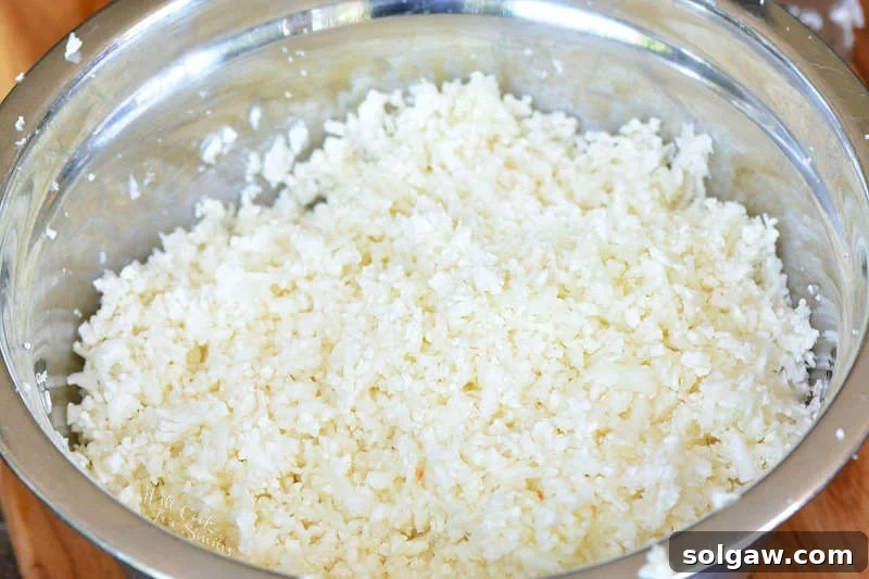 Riced Cauliflower in a metal bowl 