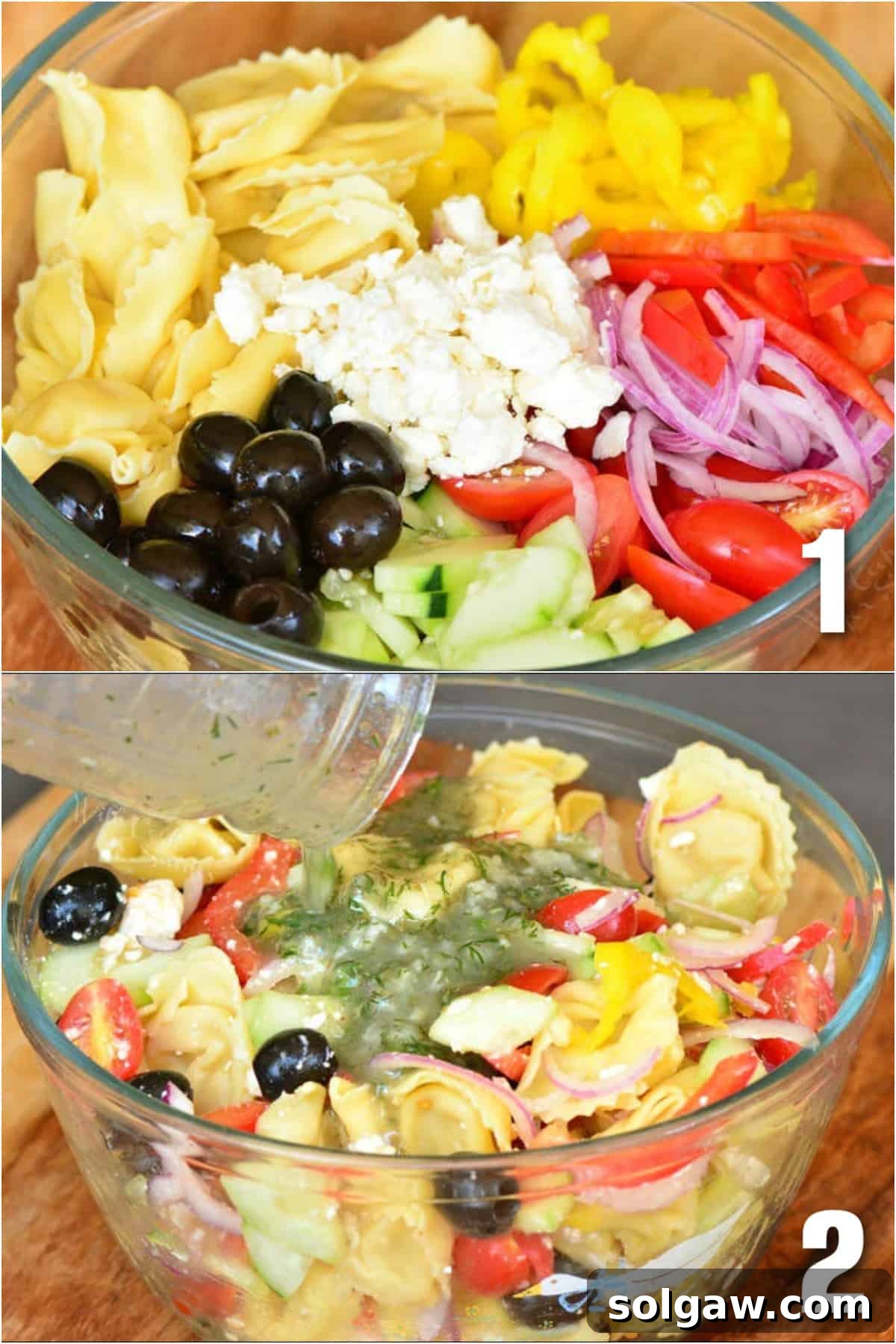 A vibrant collage showing the process of making Greek Tortellini Salad: fresh ingredients in a bowl and the homemade Greek dressing being added.