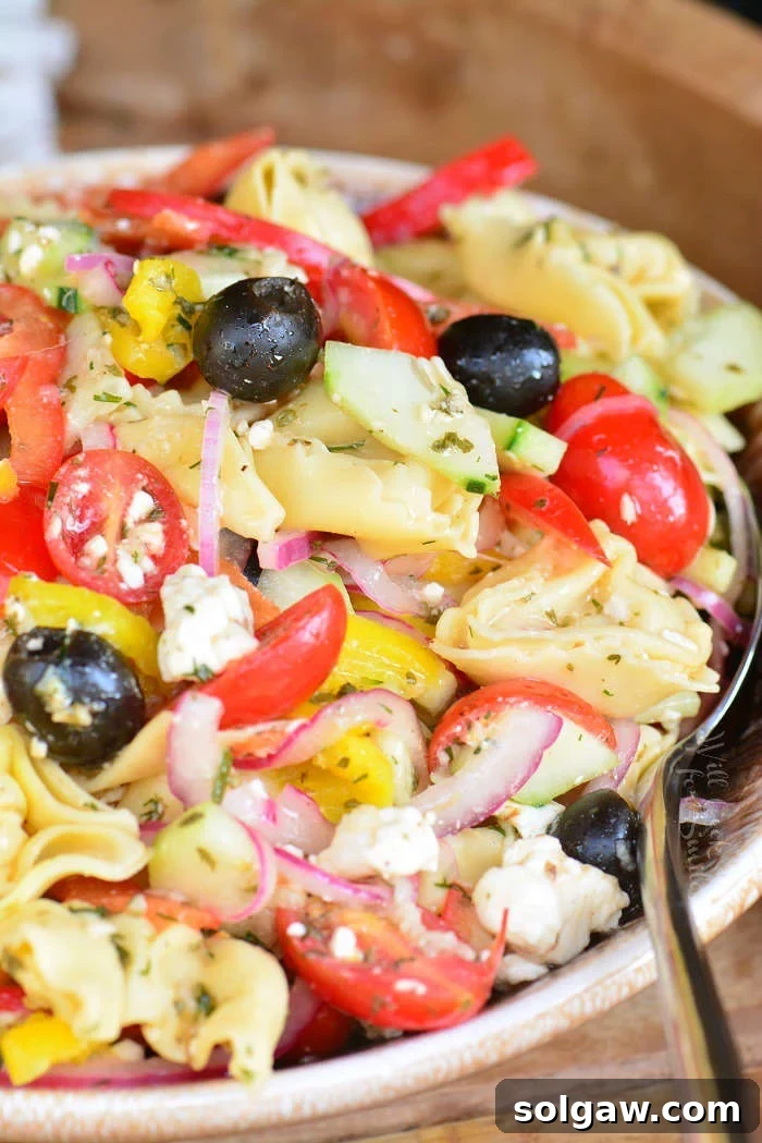 Close-up of a serving of Greek Tortellini Salad in a small white bowl, garnished with fresh herbs and a drizzle of dressing.