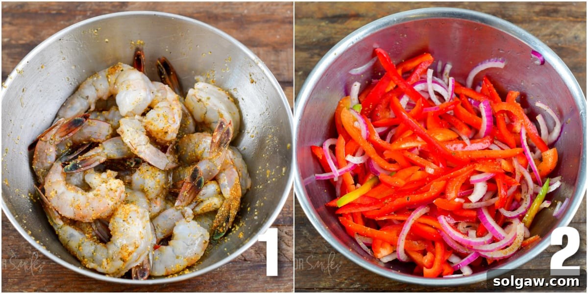 Zesty Cajun Grilled Shrimp & Garden Vegetables 4 Two clear process images showing raw shrimp being marinated in a bowl with seasoning, and sliced bell peppers and onions being marinated in a separate bowl