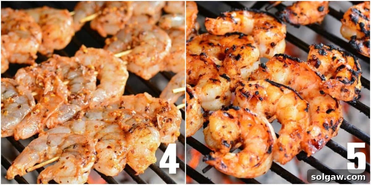 Zesty Cajun Grilled Shrimp & Garden Vegetables 6 A collage of two images: one showing raw, skewered Cajun shrimp freshly placed on a hot grill, and the other showing the same shrimp perfectly cooked with beautiful char marks