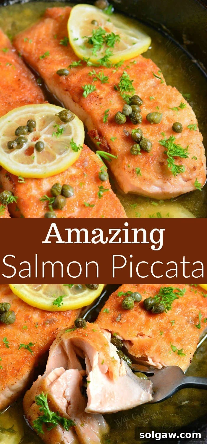 A vibrant collage showcasing various stages of Salmon Piccata preparation and the finished dish with ingredients