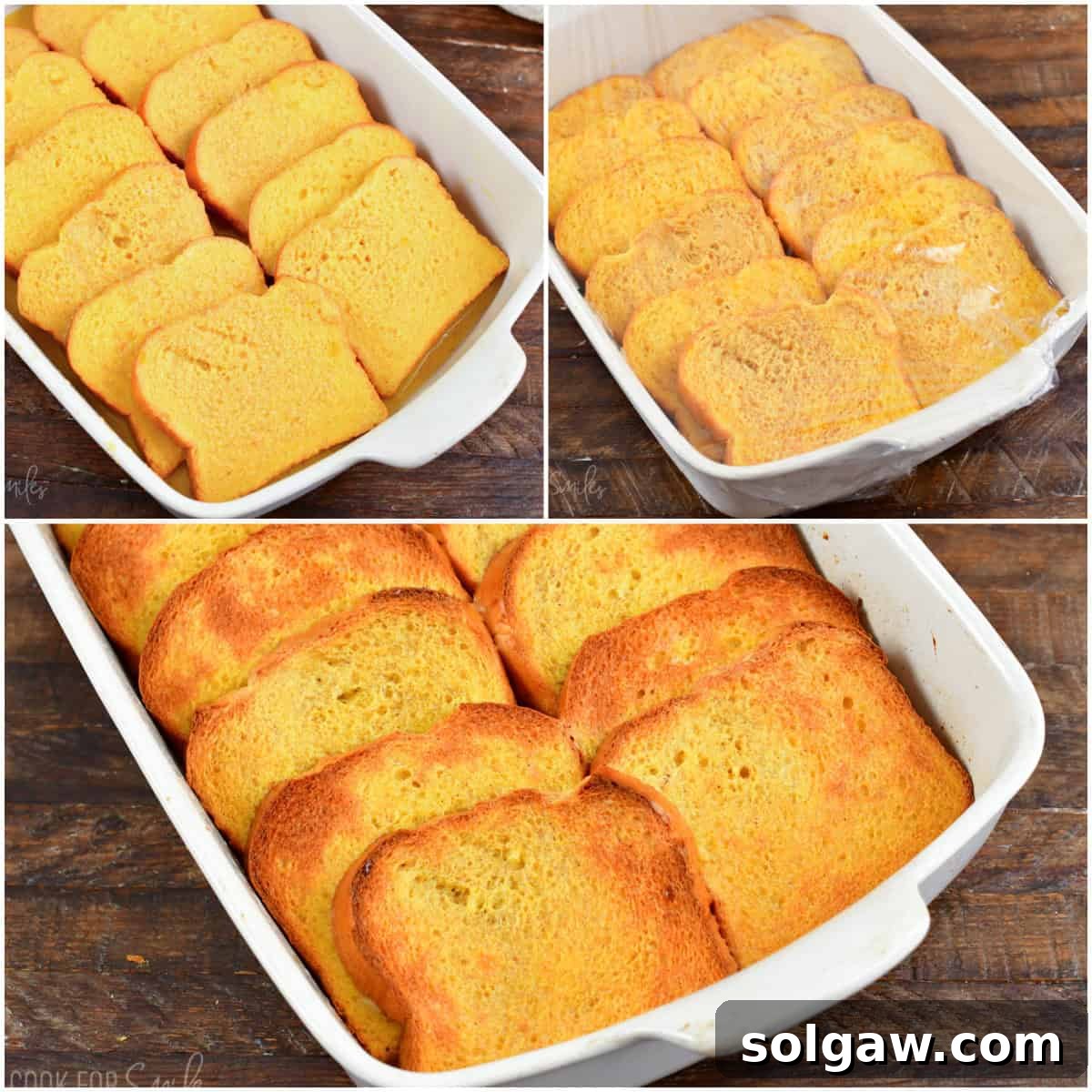 collage of three images of French toast bake before and after baking and soaking.