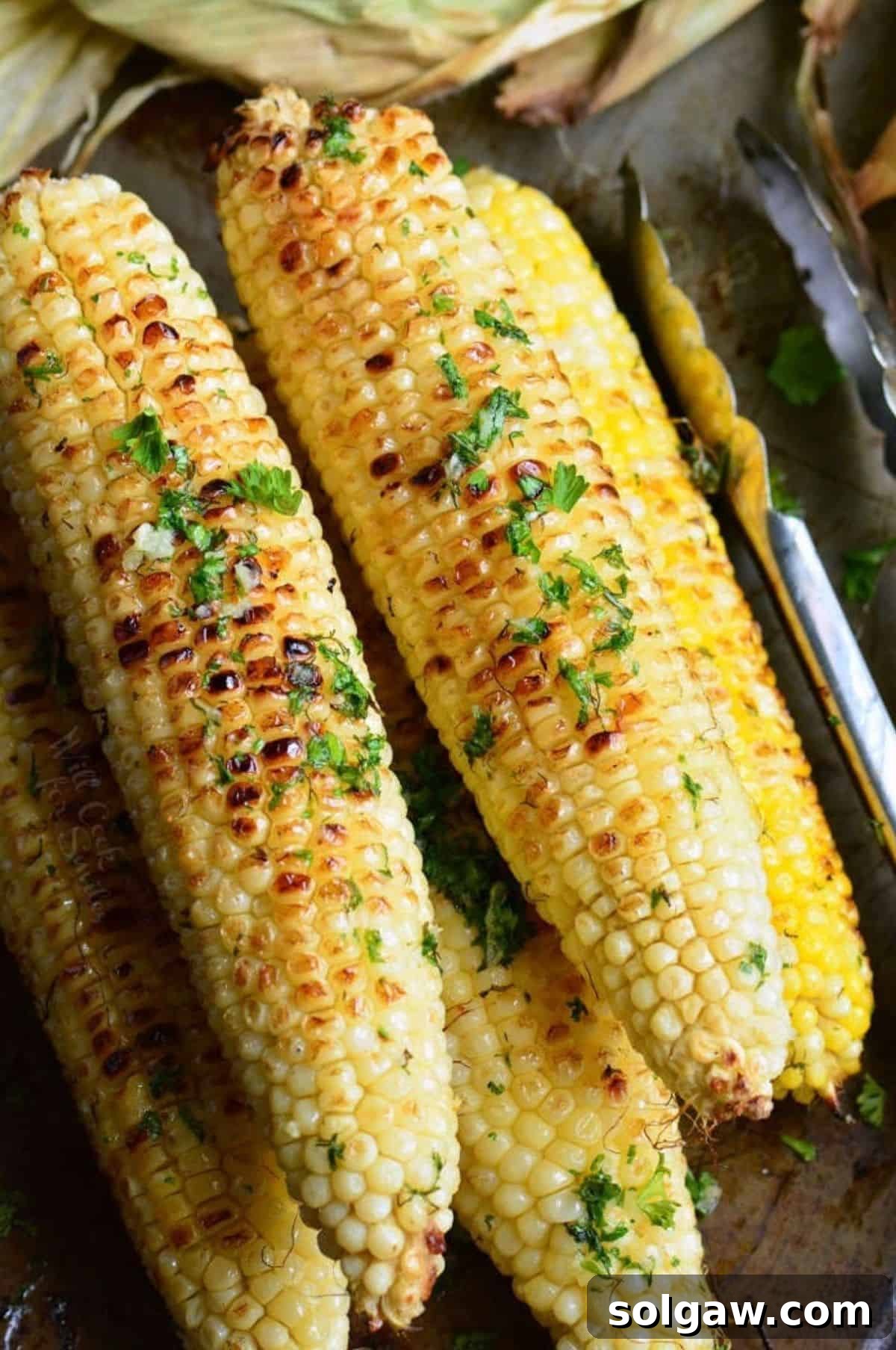 Several grilled cobs of corn are garnished with fresh herbs and a pat of garlic herb butter, highlighting the delicious outcome of this recipe.