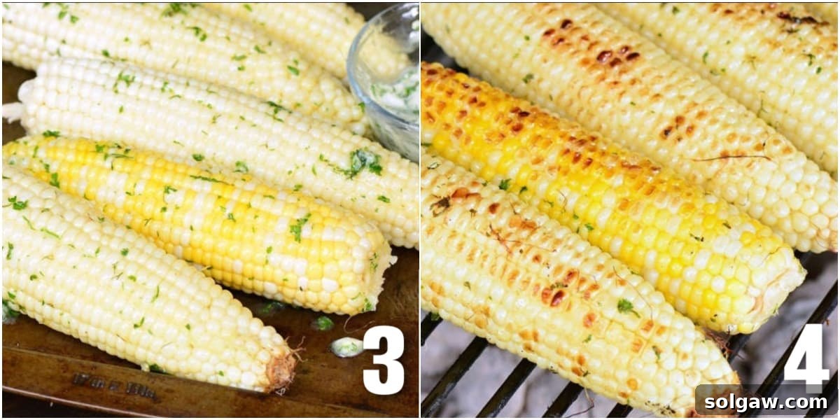 A two-part image showing cooked corn cobs generously slathered with herb butter on one side, and corn still in husks grilling over hot coals on the other, illustrating the full cooking process.