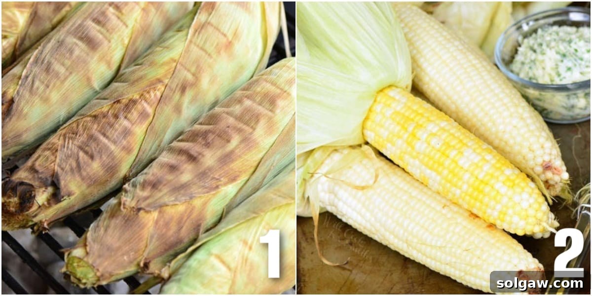 A collage of two photos depicting the grilling stages of corn: first, corn cobs in their husks on the grill, followed by husks pulled back after cooking to reveal tender, steamed kernels.
