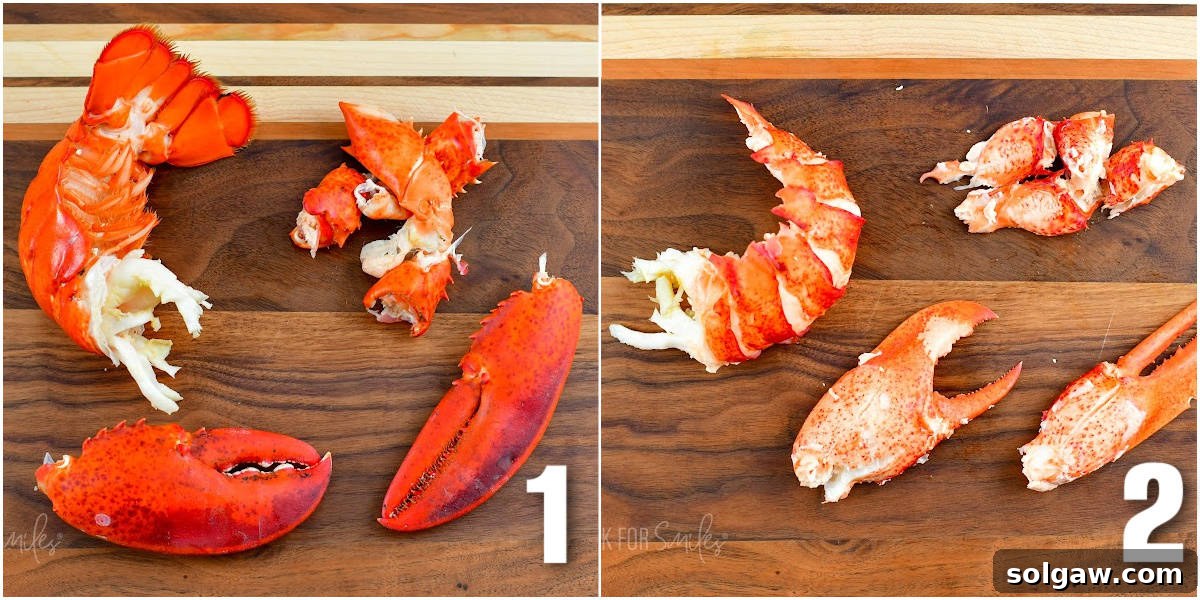 collage of two images of lobster taken apart and lobster meat out of shell.