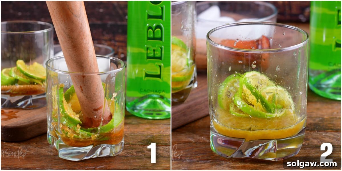 A collage of two images showing the process of making a Caipirinha: muddling limes and sugar, and the subsequent mixture in a short glass.