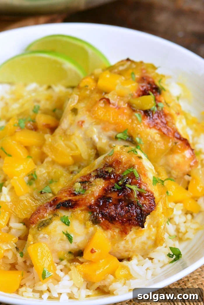 A beautifully plated dish of mango chicken and coconut rice, garnished with fresh lime wedges and cilantro