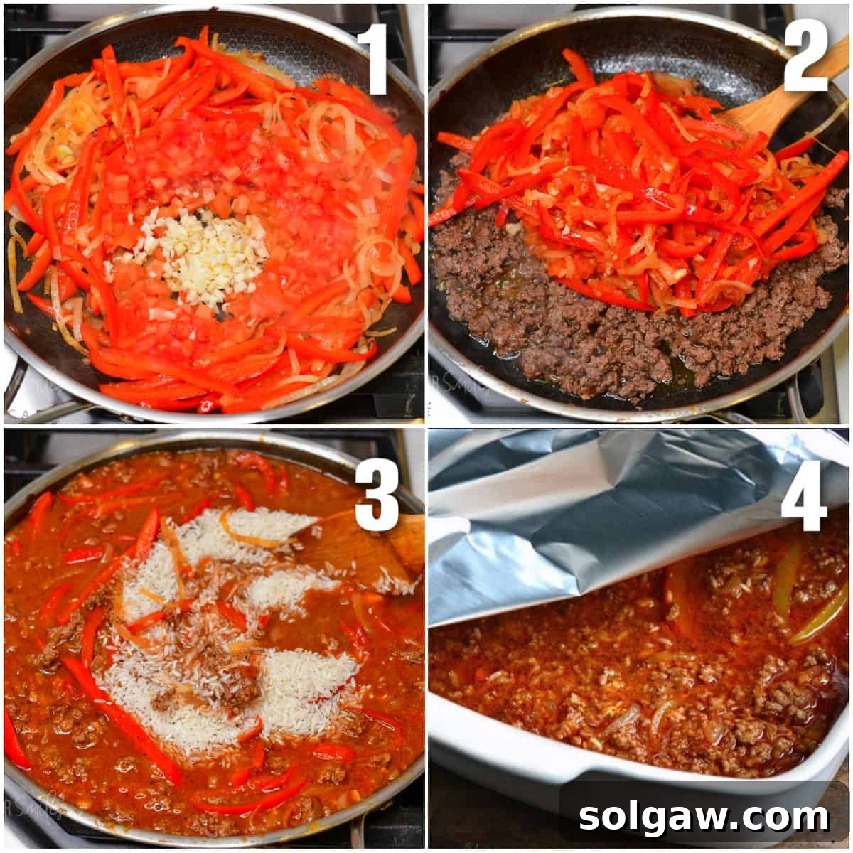 Collage of four images of steps of cooking veggies, beef, and preparing casserole.