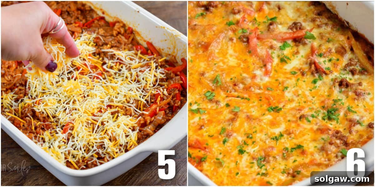 collage of two images of adding cheese to casserole and baked enchilada casserole.