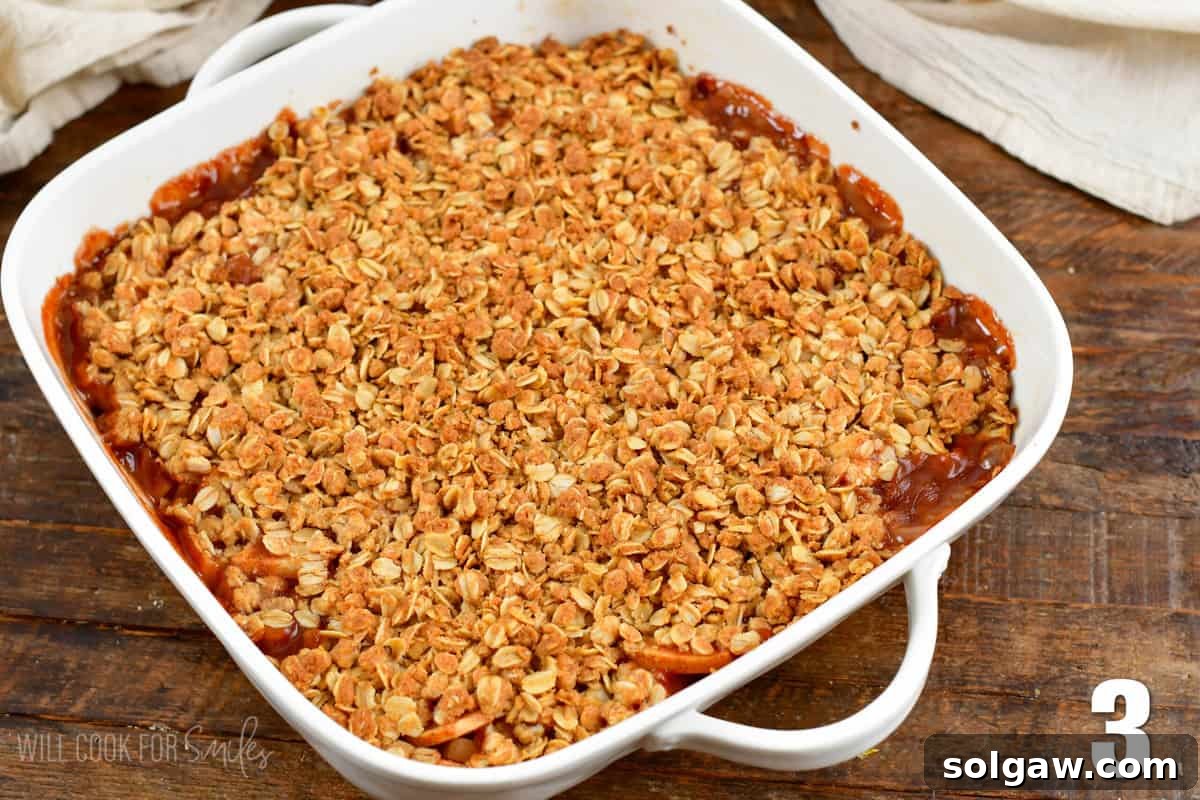 A freshly baked apple crisp cooling in a baking dish, with a golden brown and bubbly topping.