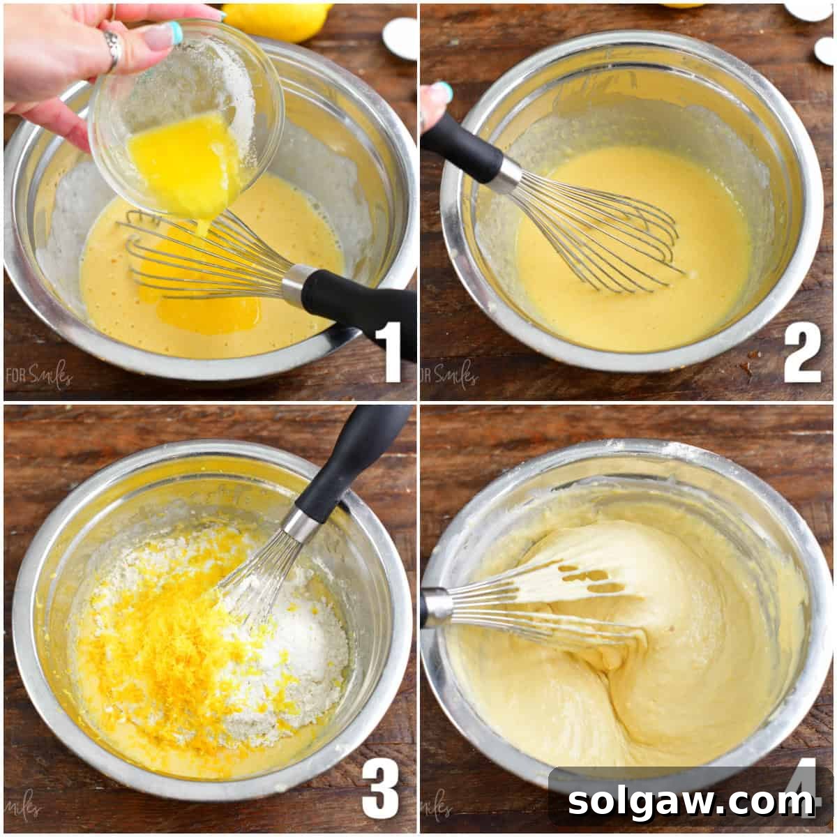 Bright Lemon Pancakes 4 Collage of four images showing the process of mixing wet and dry ingredients for lemon pancake batter.