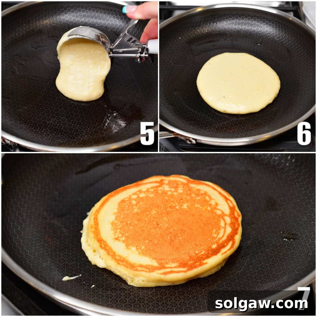 Bright Lemon Pancakes 5 Collage of three images illustrating the process of scooping pancake batter into a hot pan and cooking until golden brown and bubbly.