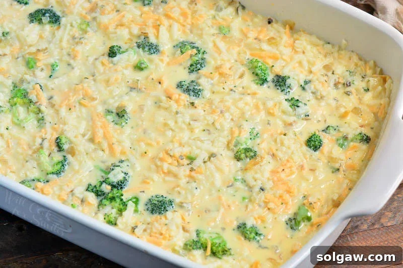 Golden Hash Brown, Broccoli, and Cheese Bake 5 broccoli cheese hashbrown breakfast casserole in the baking dish before baking.