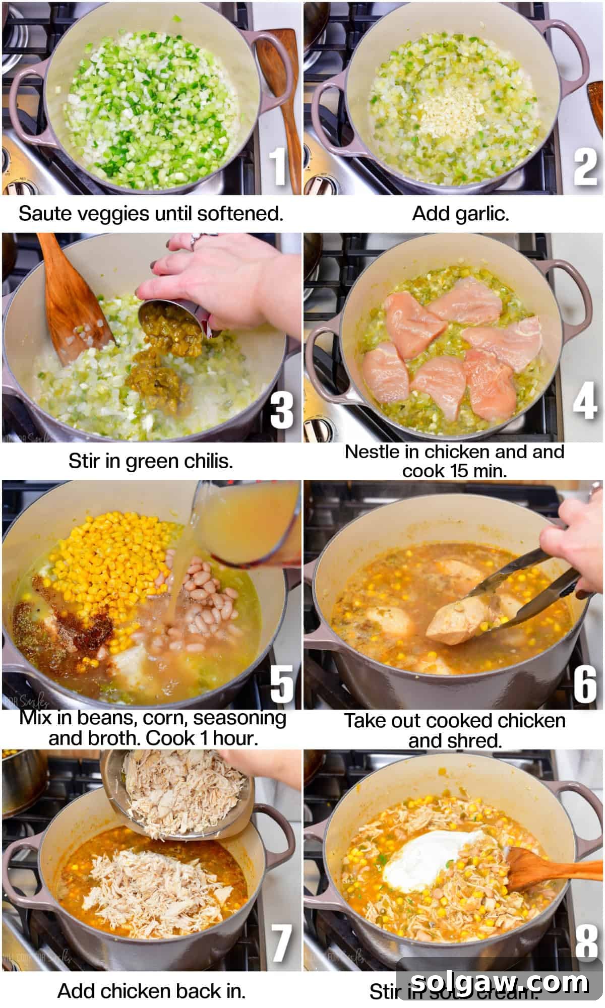 Creamy White Chicken Chili 4 infographic of 8 images and steps to cook white chicken chili.