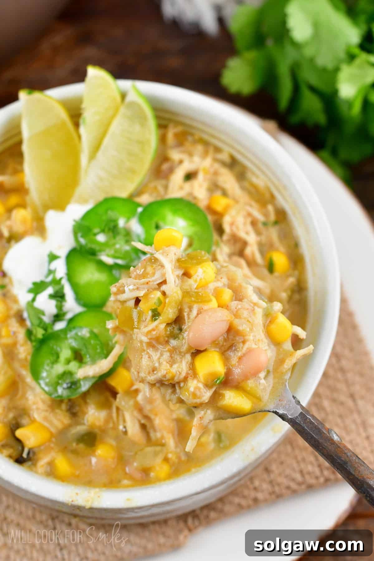 Creamy White Chicken Chili 7 white chicken chili on a spoon
