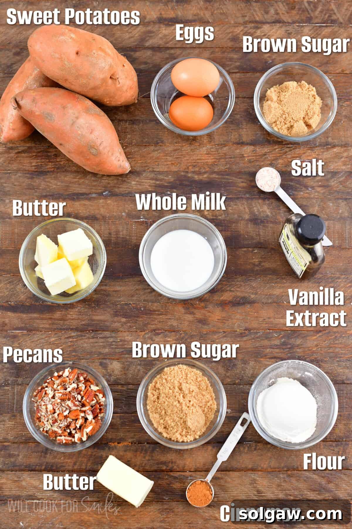 labeled ingredients to make sweet potato casserole on the wooden board.