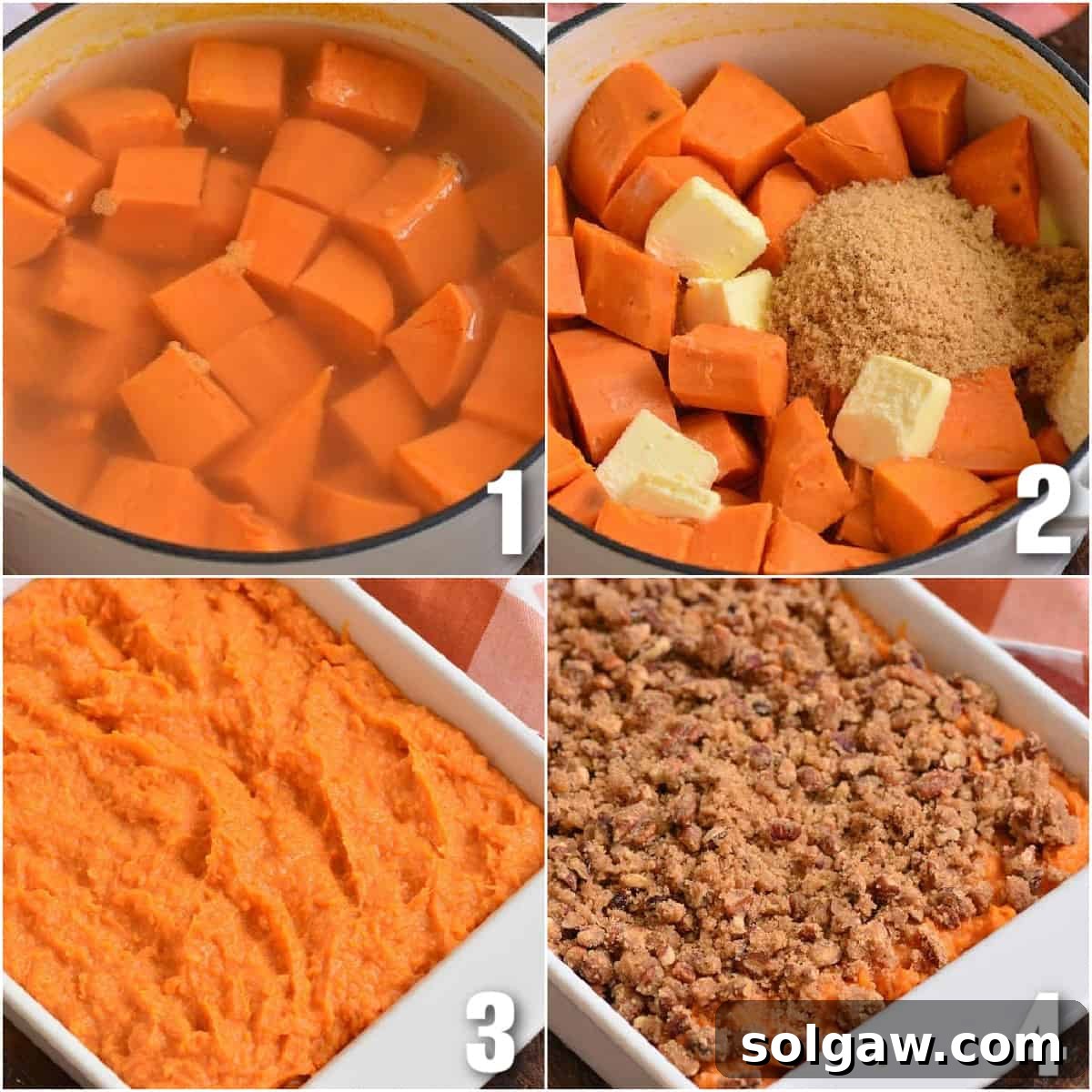 collage of four images to cook the sweet potatoes and then make the casserole.