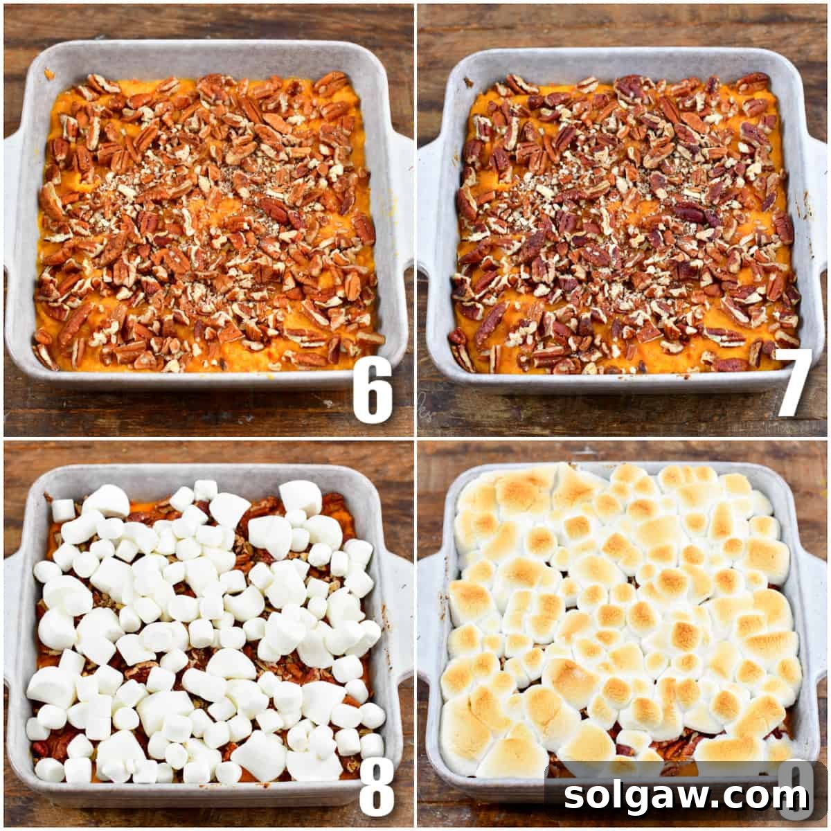 collage of four images to make sweet potato casserole with marshmallow topping.