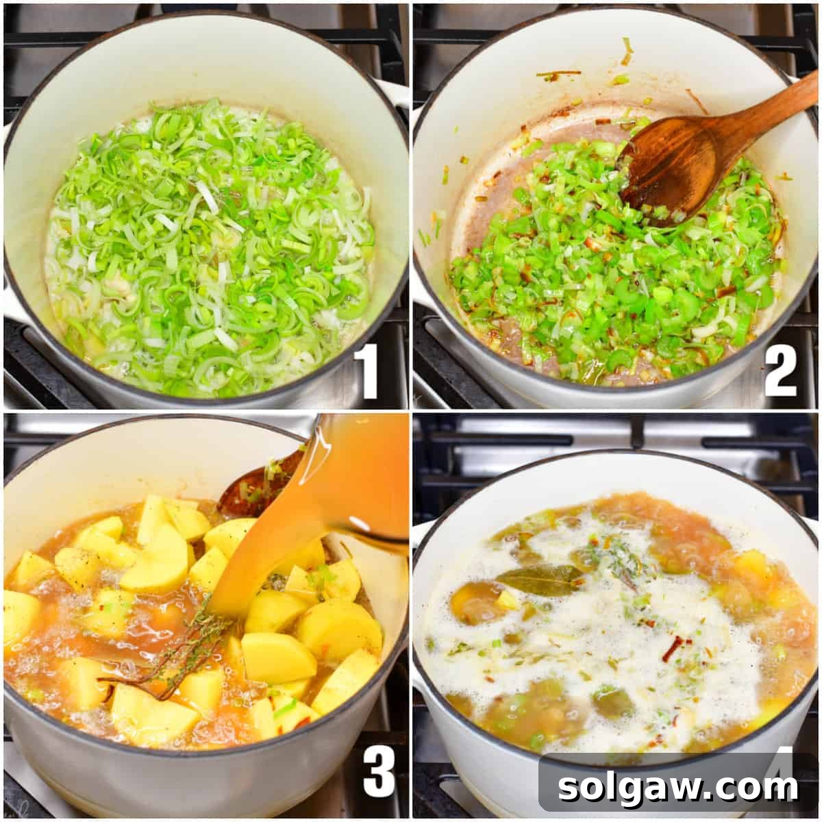 A collage of four images showing the steps of cooking potato leek soup: slicing leeks, sautéing vegetables, adding potatoes, and pouring in chicken stock.