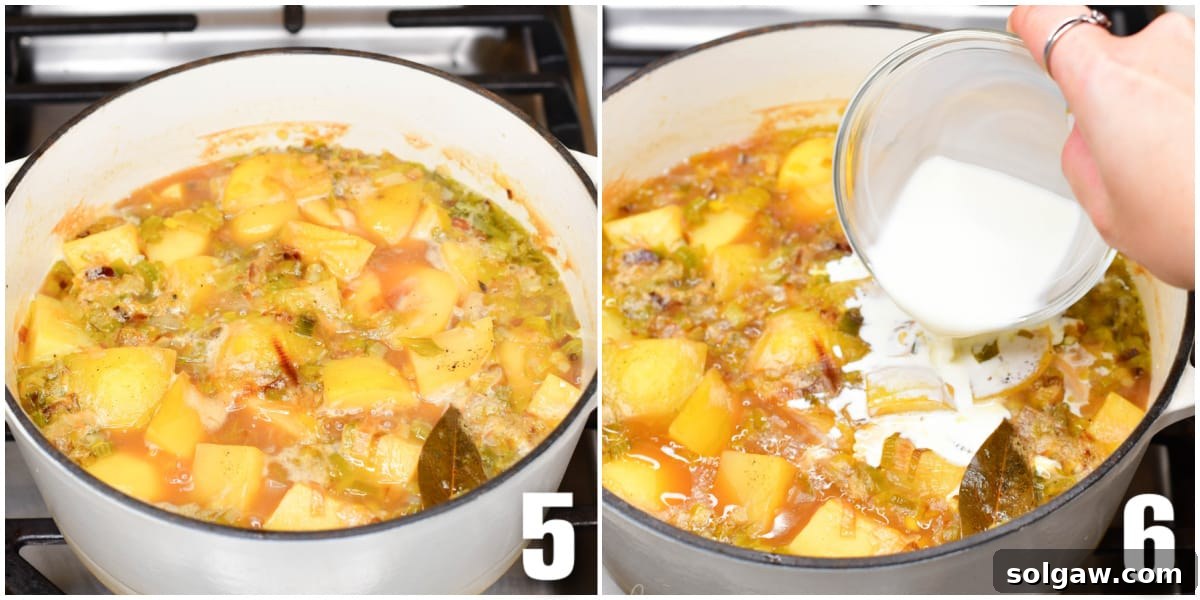A collage showing two cooking stages: potato leek soup simmering in a pot and heavy cream being stirred into the cooked soup.