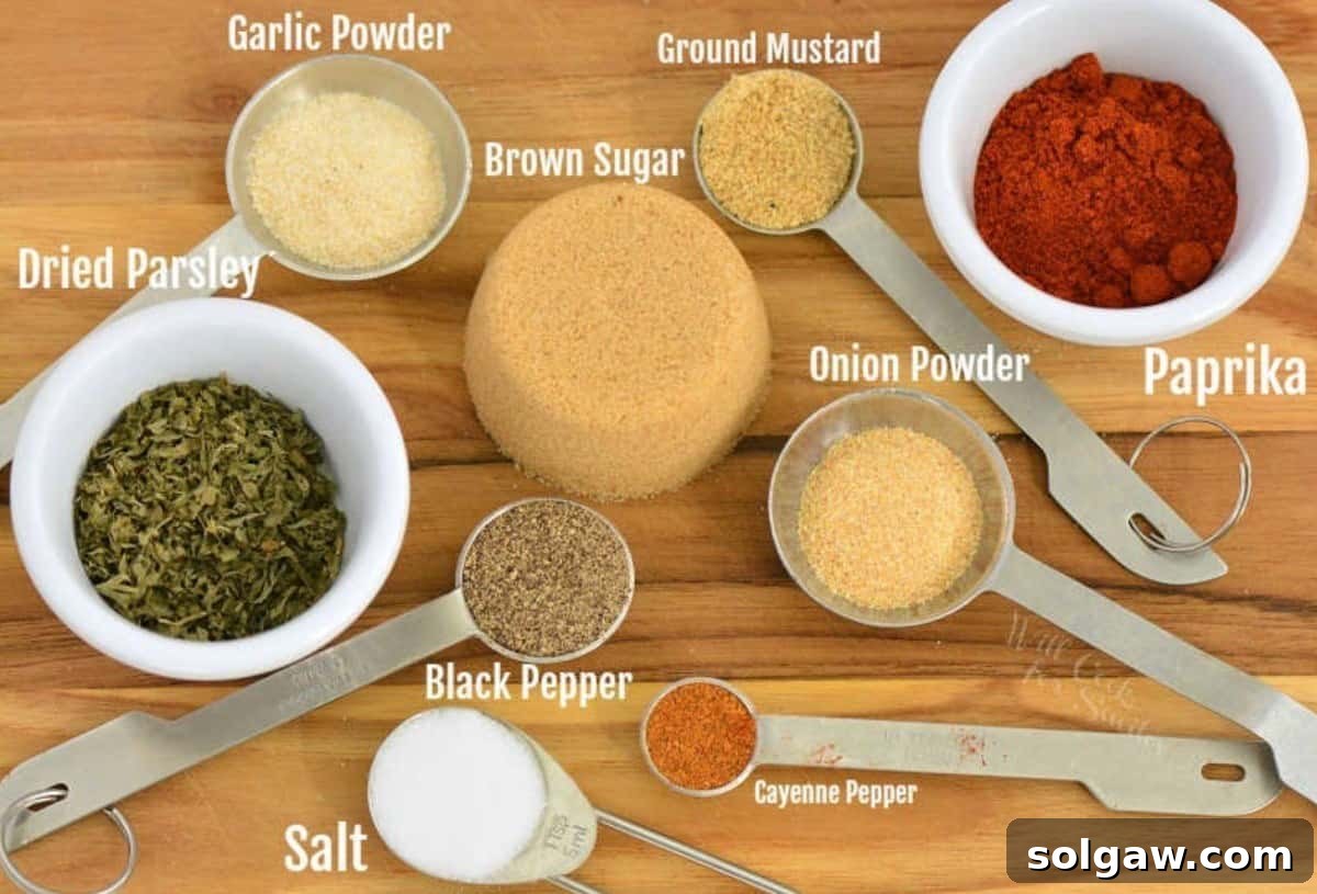 labeled ingredients in bowls and measuring spoons for homemade pork rub.