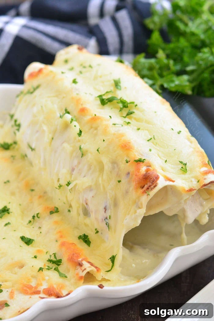 Pulling out creamy turkey enchiladas with a spatula from a casserole dish