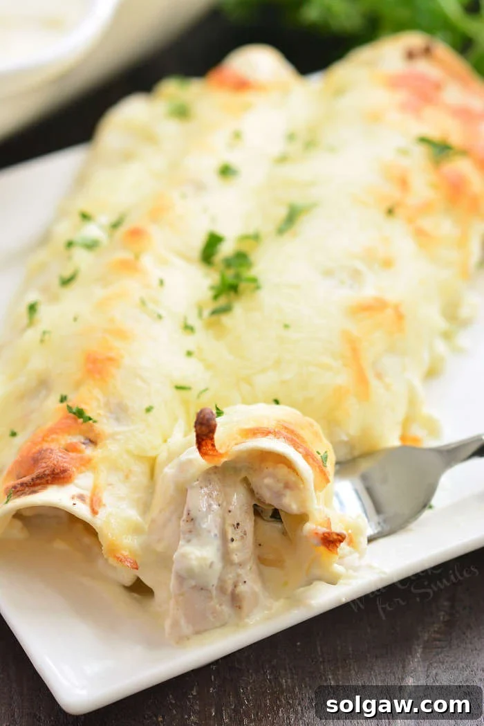 Creamy turkey enchiladas served on a white plate with fresh parsley garnish