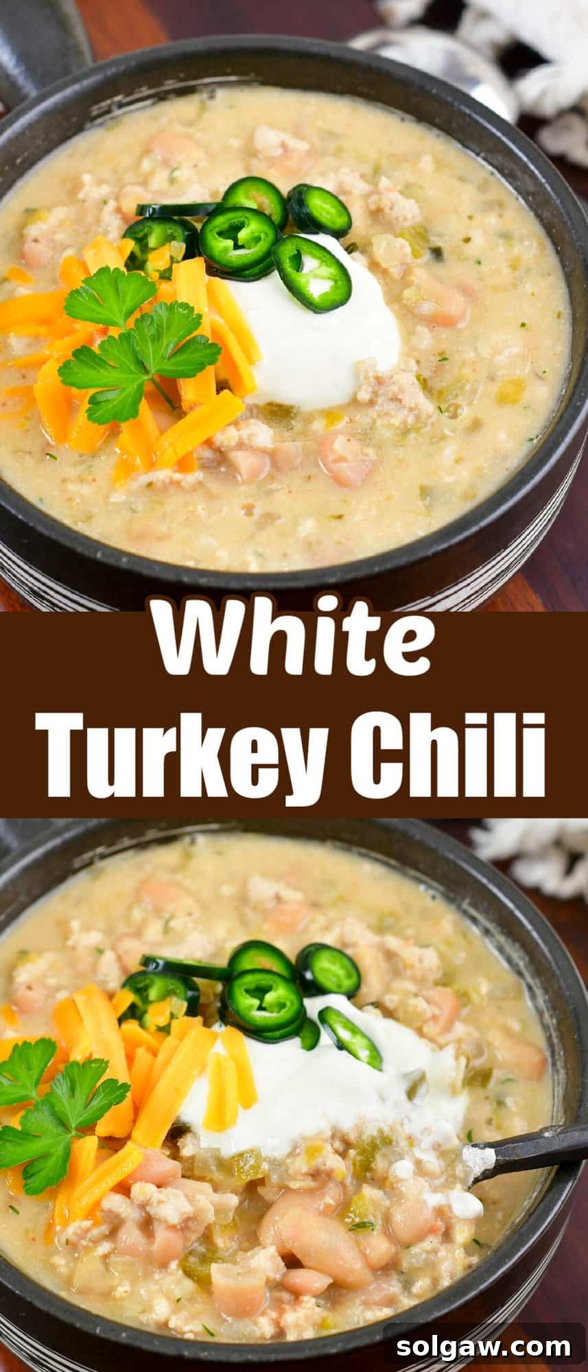 A collage of two close-up images of creamy White Turkey Chili in a bowl, showing texture and garnishes.