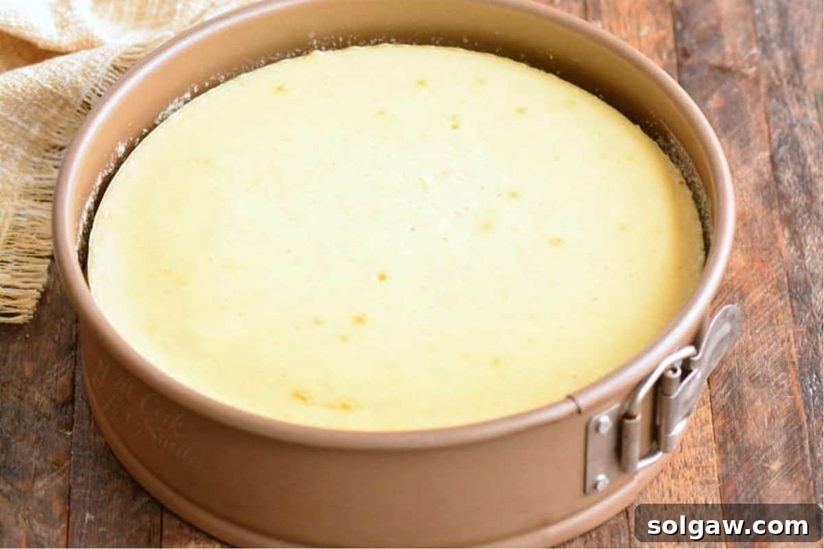 Yuletide Eggnog Cheesecake 6 A perfectly baked Eggnog Cheesecake cooling in its springform pan on a wooden table, its golden-brown top hinting at creamy deliciousness.